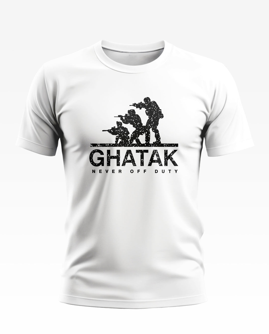 White men's t-shirt with black army commando graphic and text 'GHATAK Never Off Duty'