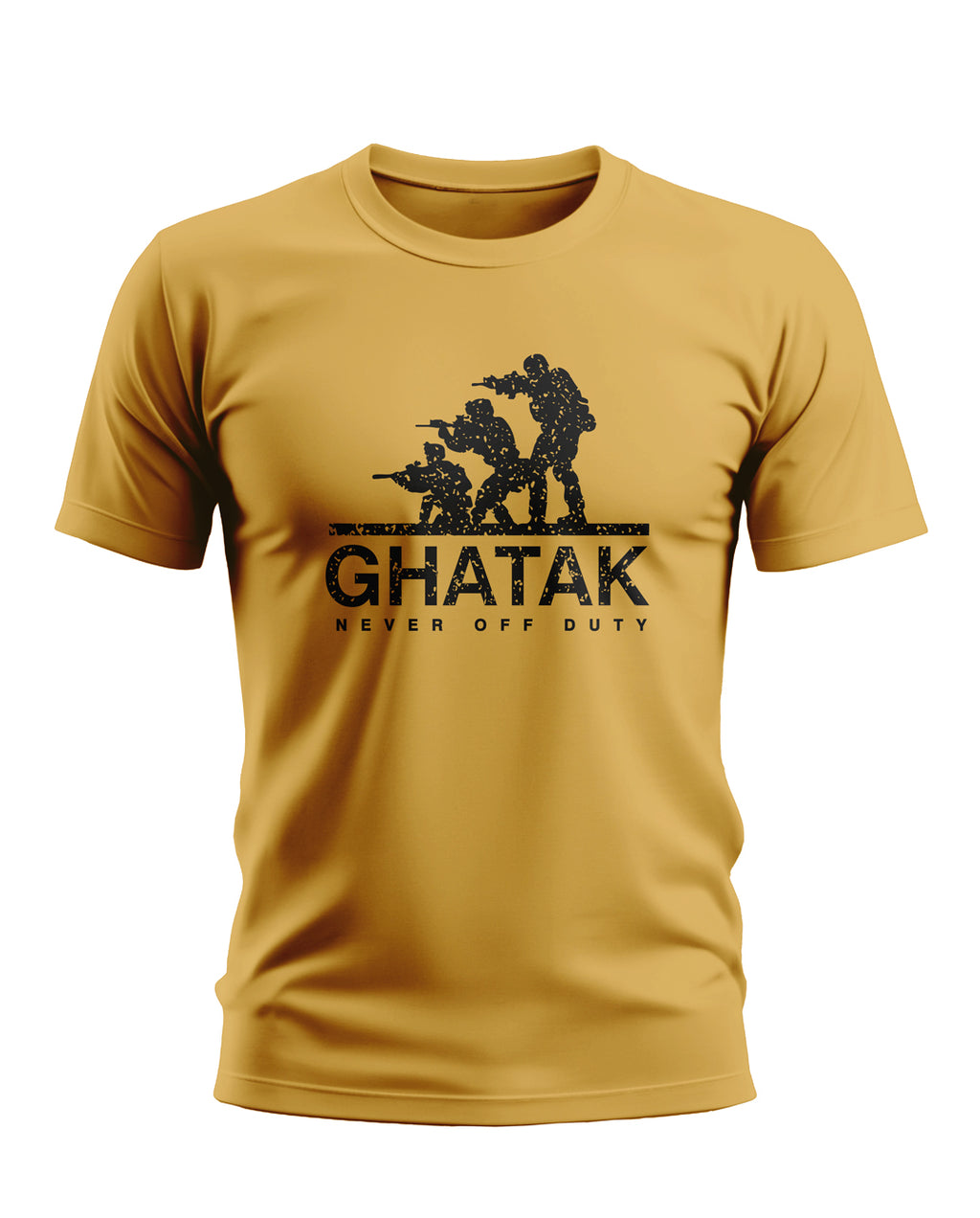 Yellow men's t-shirt with black army print, Ghatak Never Off Duty slogan, short sleeves.