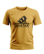 Yellow men's t-shirt with black army print, Ghatak Never Off Duty slogan, short sleeves.