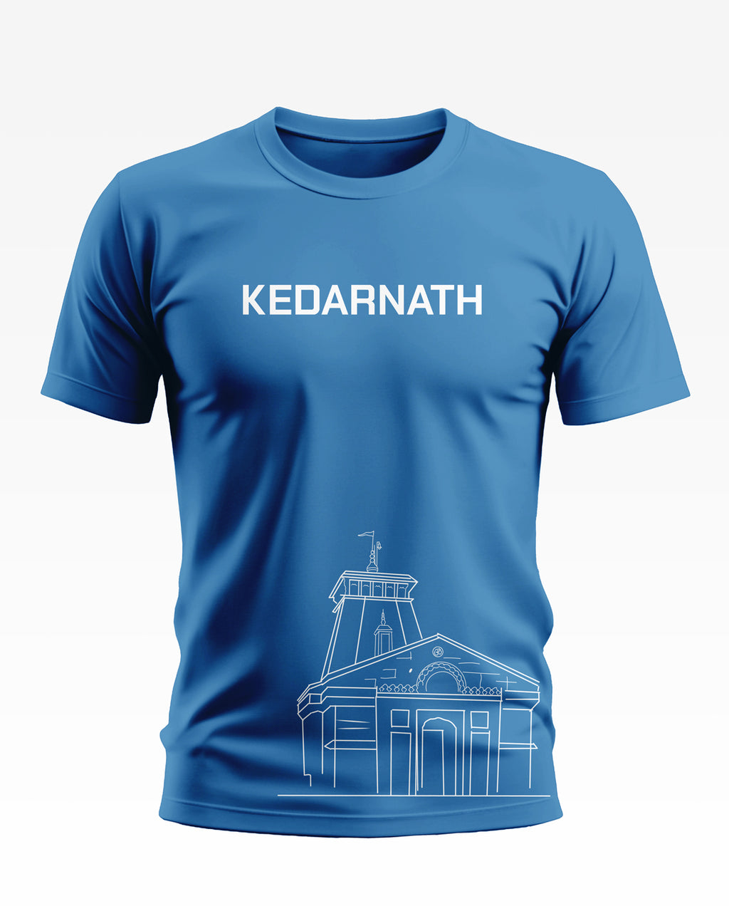 Blue men's t-shirt with KEDARNATH text and temple line art graphic on front