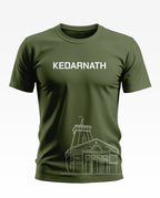 Olive green men's t-shirt with 'Kedarnath' text and temple line art print, short sleeves