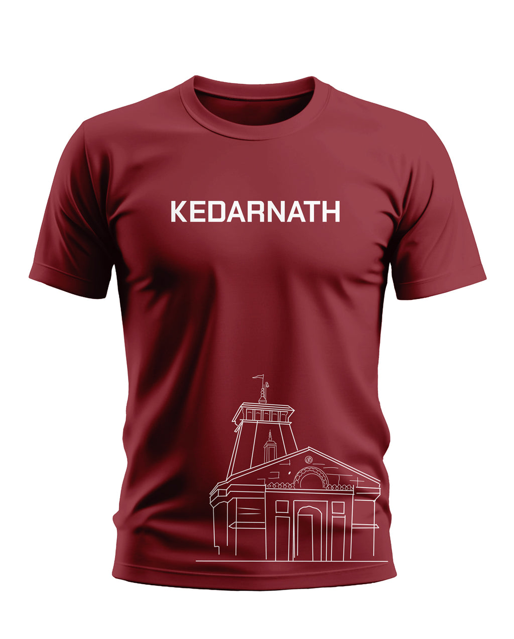 Maroon men's t-shirt with white Kedarnath text and temple graphic on front