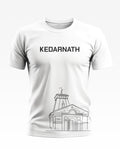 White men's t-shirt with black 'Kedarnath' text and temple line art graphic on front