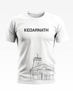White men's t-shirt with black 'Kedarnath' text and temple line art graphic on front
