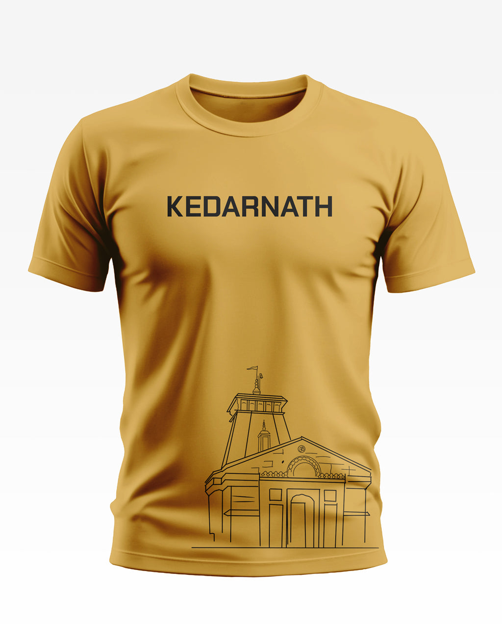 Yellow men's T-shirt with 'Kedarnath' text and temple sketch graphic on front