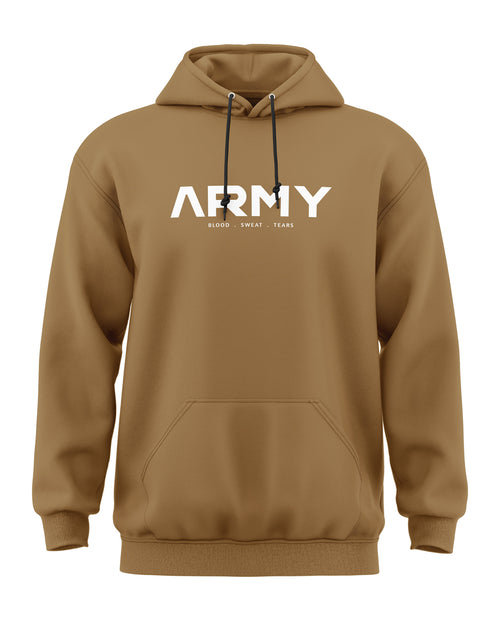 Brown men's hoodie with ARMY text and front pocket, military style casual fashion