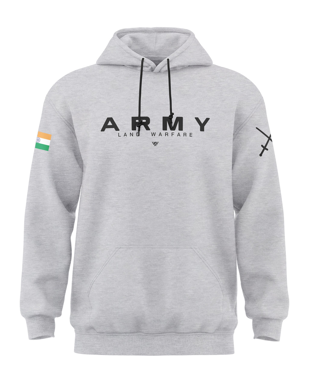 Grey melange men's hoodie with 'ARMY Land Warfare' text, Indian flag patch, and cross sword graphic