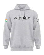 Grey melange men's hoodie with 'ARMY Land Warfare' text, Indian flag patch, and cross sword graphic