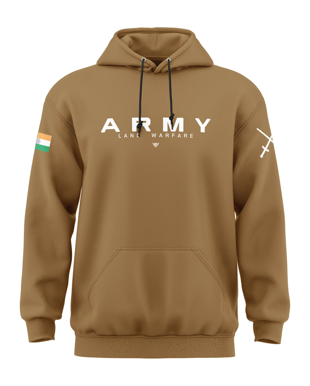 Brown men's hoodie with 'ARMY LAND WARFARE' text, India flag patch, and white sword graphic.