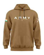 Brown men's hoodie with 'ARMY LAND WARFARE' text, India flag patch, and white sword graphic.