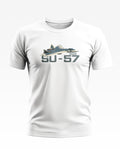 White men's t-shirt featuring graphic of Sukhoi SU-57 fighter jet and bold SU-57 text.
