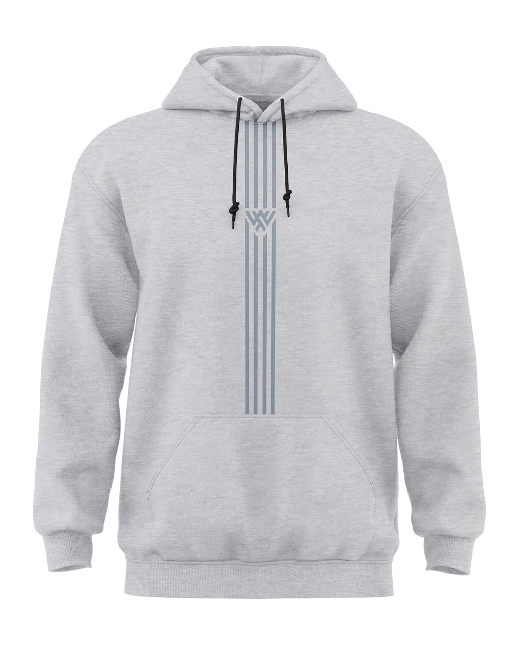 Men's grey melange hoodie with front kangaroo pocket and vertical stripes design