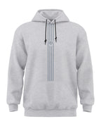 Men's grey melange hoodie with front kangaroo pocket and vertical stripes design