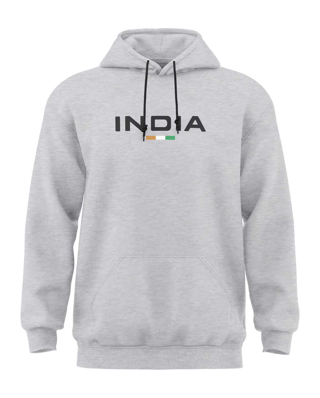 Grey melange men's hoodie with INDIA text and front pocket, full sleeves, drawstring hood