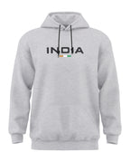 Grey melange men's hoodie with INDIA text and front pocket, full sleeves, drawstring hood