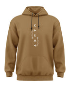 Brown men's hoodie with front pocket and geometric white KRM print design