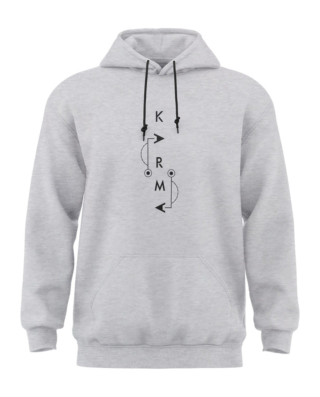 Light grey melange hoodie with black graphic print and kangaroo pocket, men's fashion