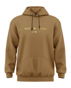 Brown men's hoodie with Bharat India text and tricolor design, front kangaroo pocket