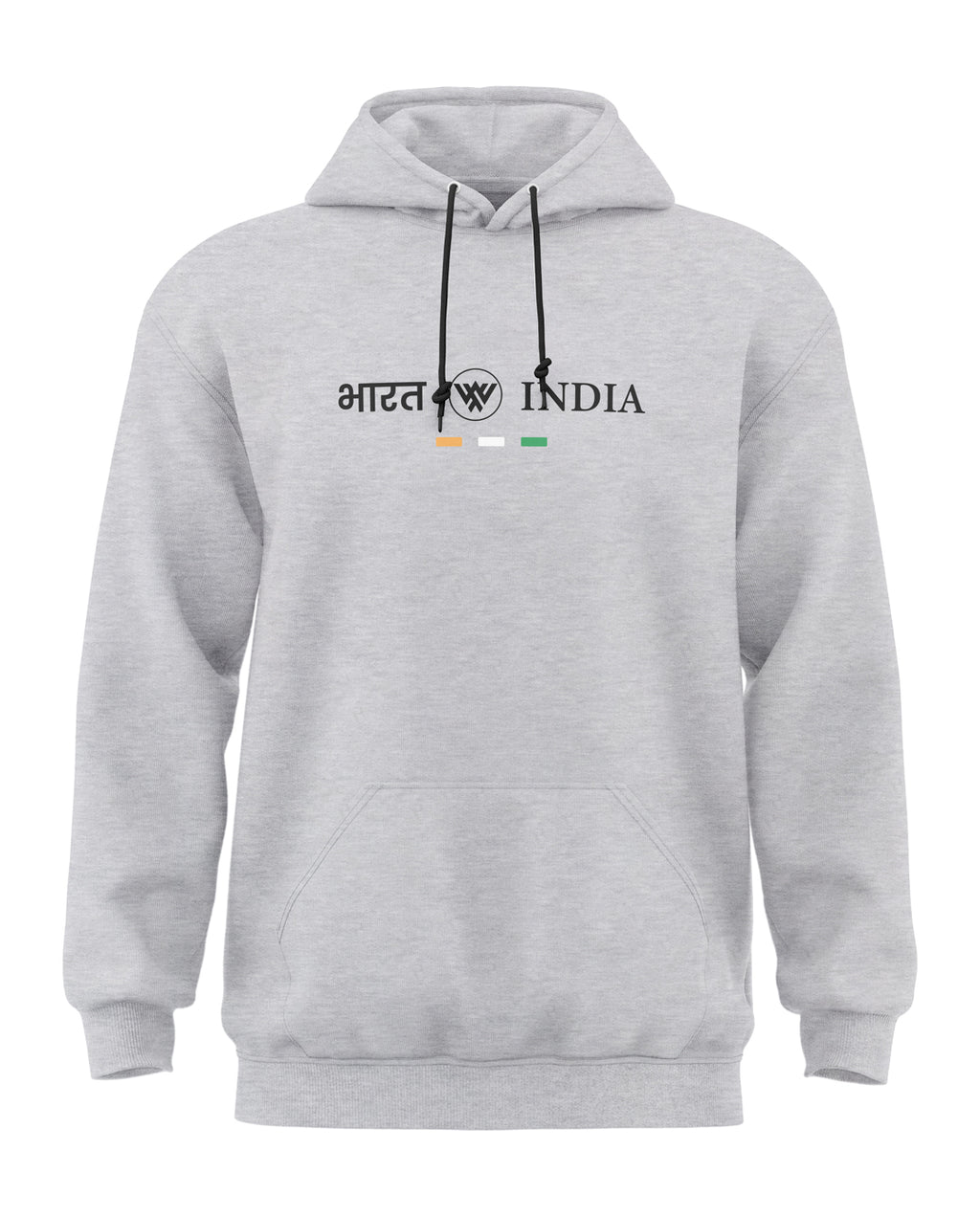 Grey melange men's hoodie with Bharat India text and tricolor details on front