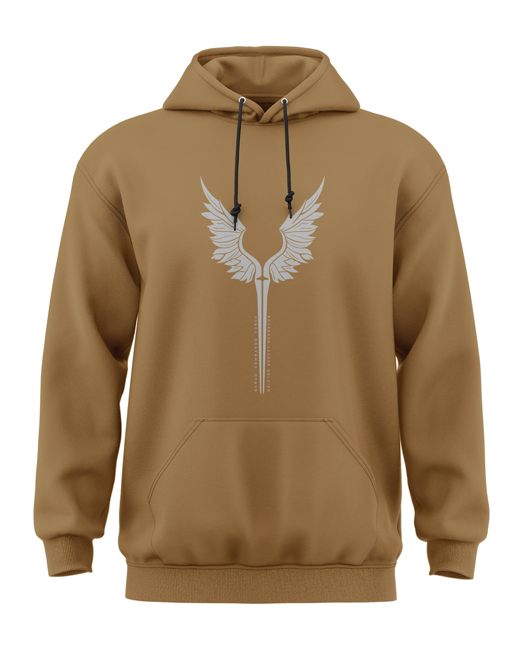 Brown men's hoodie with white wing graphic and front kangaroo pocket