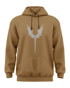 Brown men's hoodie with white wing graphic and front kangaroo pocket