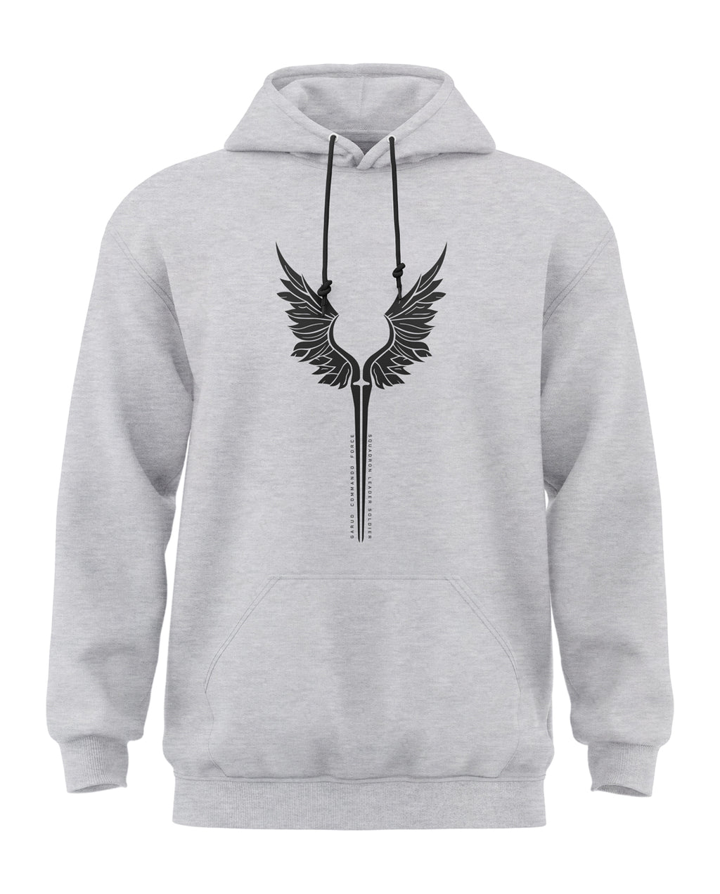 Grey melange men's hoodie with black wing graphic, front pocket, and adjustable drawstrings