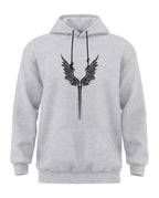 Grey melange men's hoodie with black wing graphic, front pocket, and adjustable drawstrings