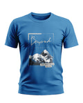 Blue men's t-shirt with mountain graphic and 'Beyond Paradise' text, casual fashion style