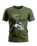 Olive green men's t-shirt with mountain graphic and 'Beyond Paradise' text print