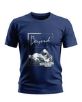 Navy blue men's t-shirt with mountain graphic and 'Beyond Paradise' text on front