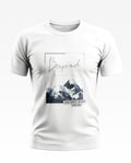White men's graphic t-shirt with mountain print and 'Beyond Paradise' text, casual wear