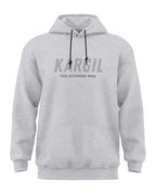 Grey melange men's hooded sweatshirt with 'Kargil The Gunners War' text, army-inspired design.