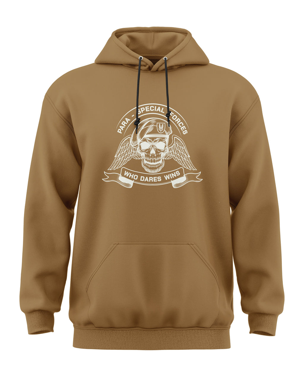 Brown men's hoodie with Para Special Forces skull and wings graphic, front pouch pocket