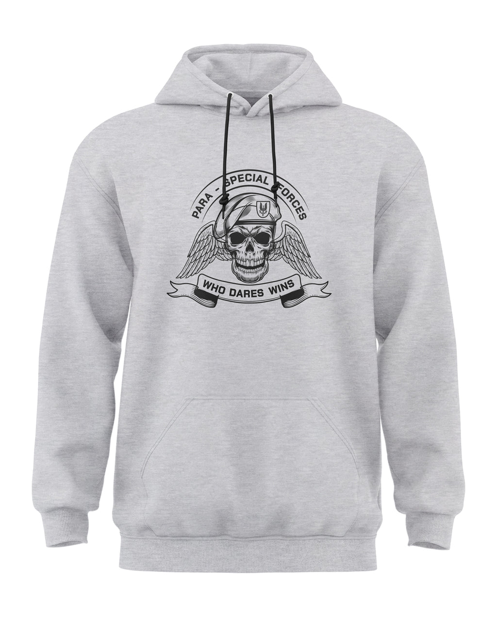 Grey melange hoodie featuring Para Special Forces skull graphic and text Who Dares Wins
