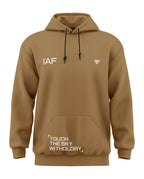 Brown men's hoodie with IAF print, kangaroo pocket, and 'Touch The Sky With Glory' text