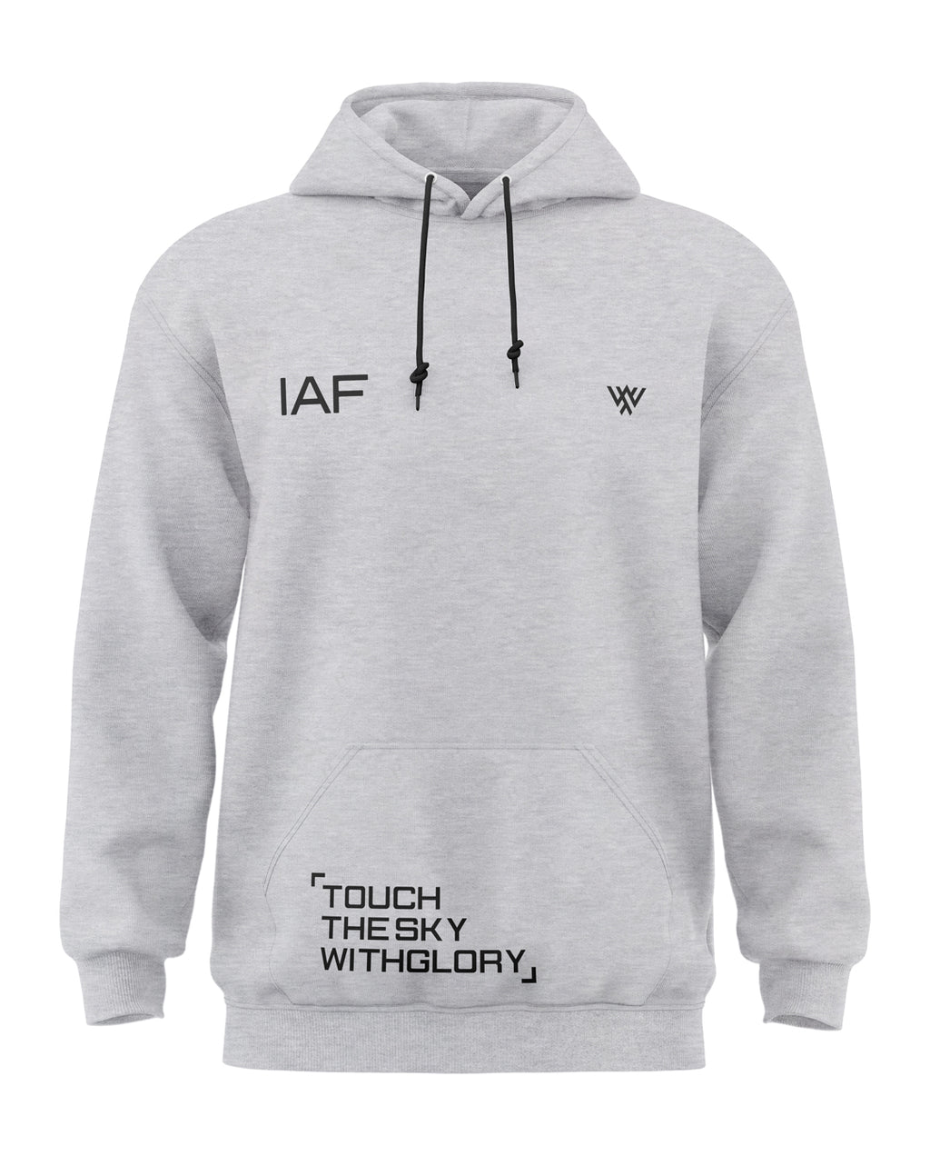 Grey melange men’s hooded sweatshirt with IAF and 'Touch the Sky With Glory' printed text
