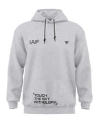 Grey melange men’s hooded sweatshirt with IAF and 'Touch the Sky With Glory' printed text