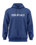 Navy blue men's hoodie with white ESSENTIALS text, front pocket, and black drawstrings