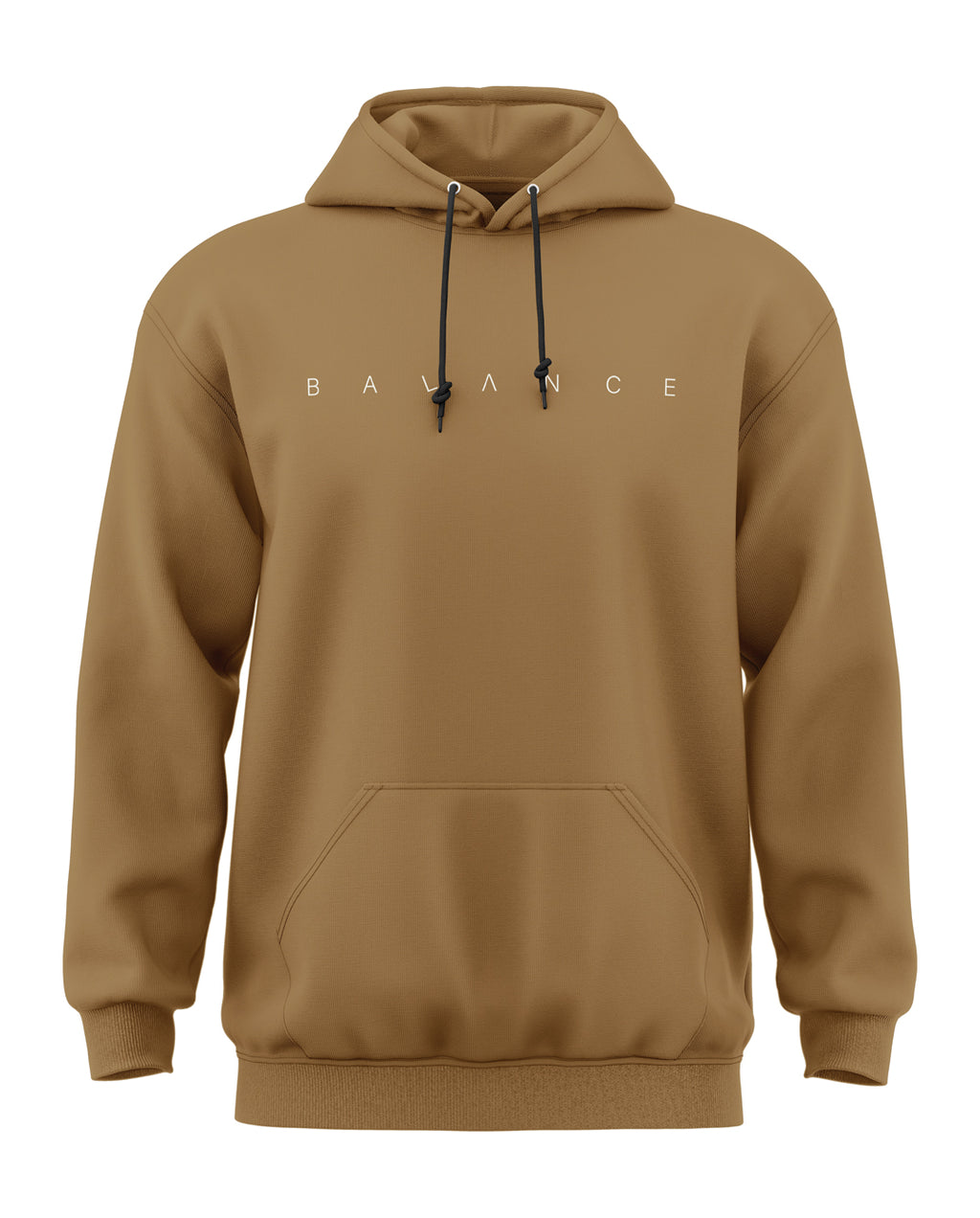 Men's brown hoodie with front kangaroo pocket, black drawstrings, and BALANCE text print