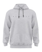 Grey melange men's hoodie with 'BALANCE' text, front pocket, adjustable drawstrings