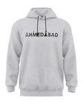 Grey melange men's hoodie with Ahmedabad city text and black drawstrings