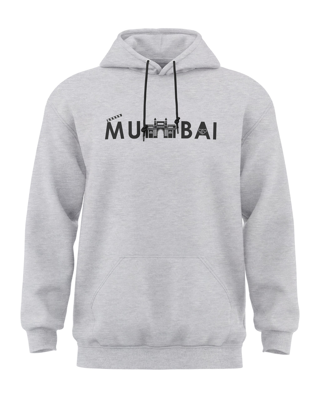Grey melange men's hoodie with Mumbai text and Gateway of India graphic on front