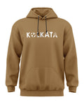 Brown men's hoodie with 'Kolkata' graphic print and kangaroo pocket, stylish winter wear