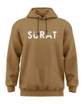 Brown men's hoodie with SURAT text and graphic, front view, kangaroo pocket, casual wear