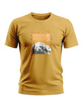 Yellow men's t-shirt with mountain graphic and 'Life is a beautiful adventure' print.