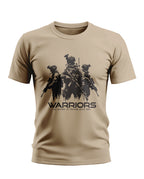 Beige men's t-shirt with black graphic of three armed soldiers and 'WARRIORS' text print