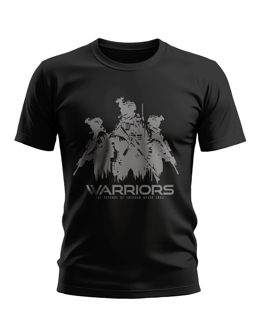 Black men's t-shirt with grey army soldier graphic and 'Warriors' text for military style fashion