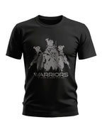 Black men's t-shirt with grey army soldier graphic and 'Warriors' text for military style fashion