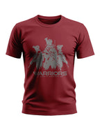 Maroon men's t-shirt with army soldiers graphic and 'WARRIORS' text for military style fashion
