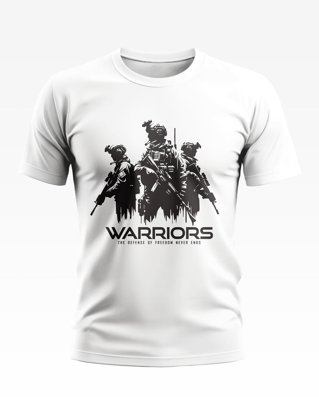 White men's t-shirt with black graphic of three army soldiers and text 'WARRIORS'.